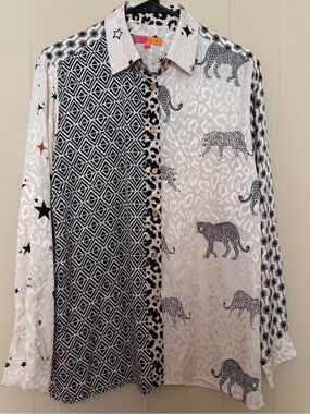 Vilagallo Black and Cream Mixed-Print Silk Blouse
